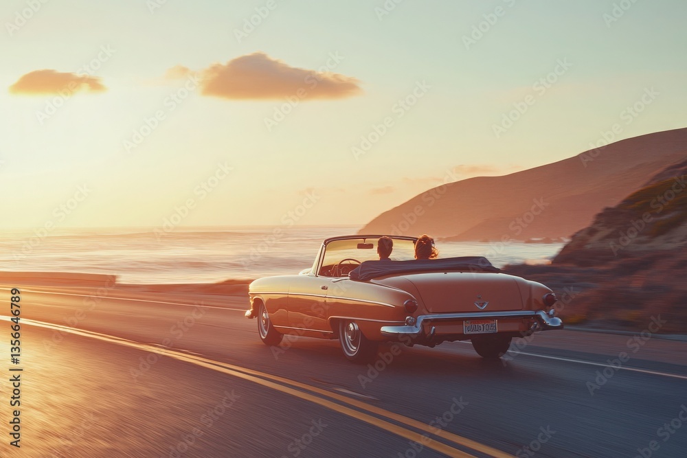 A vintage convertible car cruises down a coastal highway at sunset. Two passengers enjoy the stunning ocean view as golden light reflects off the water and mountains.