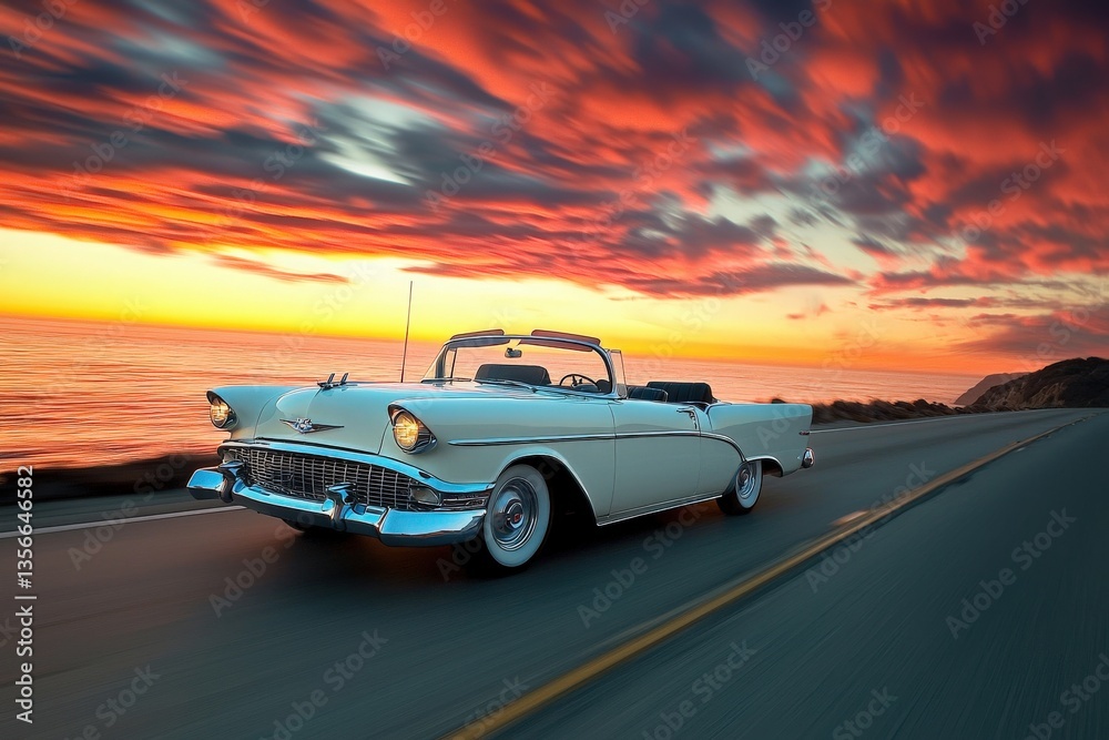 A vintage convertible car drives along a scenic coastal road as the sun sets, painting the sky with vibrant oranges and purples. Waves crash on the shore nearby, completing the picturesque view.