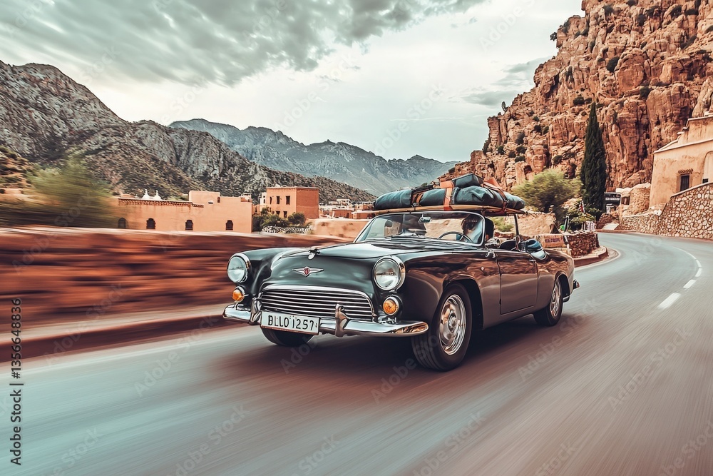 A vintage convertible car drives along a winding mountain road, surrounded by rocky cliffs and greenery.