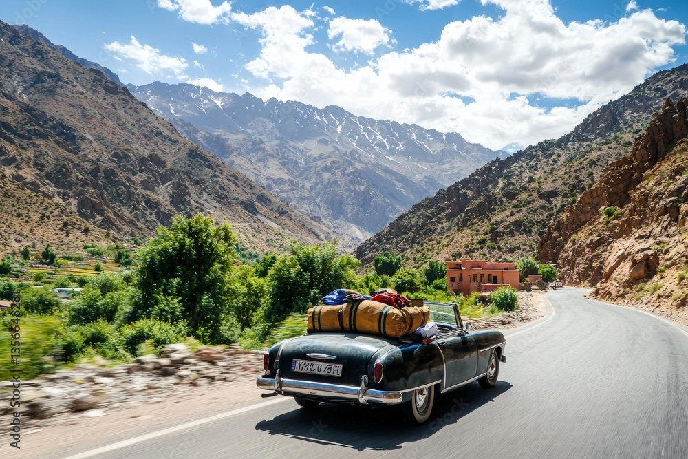 A vintage convertible car drives along a winding road surrounded by rugged mountains.