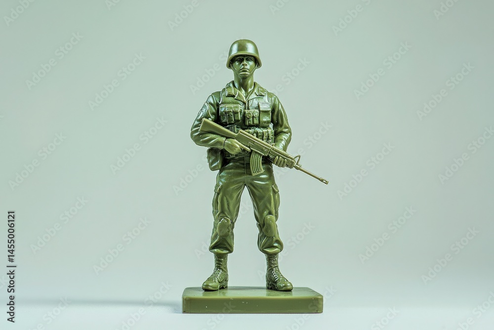 A vintage green plastic toy soldier stands in a strong, alert pose, gripping a rifle. The soldier is dressed in military attire, set against a plain background, highlighting its detail.