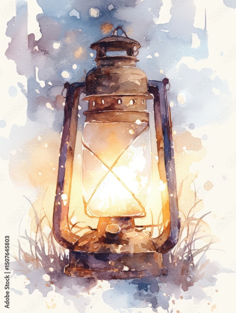 A vintage lantern emits a warm glow during twilight, surrounded by delicate grass. The soft light creates a serene atmosphere, capturing the charm of a calm evening.