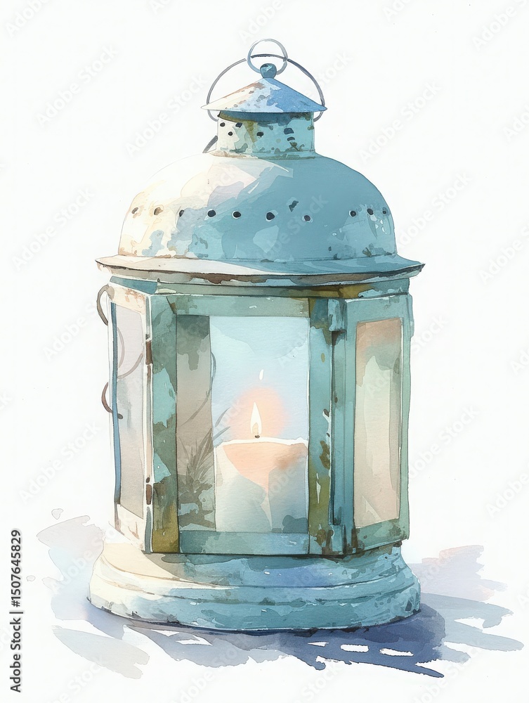 A vintage lantern stands elegantly with a soft candlelight flickering inside. The metal structure features glass panels, casting gentle shadows. The calming atmosphere invites a sense of peace.