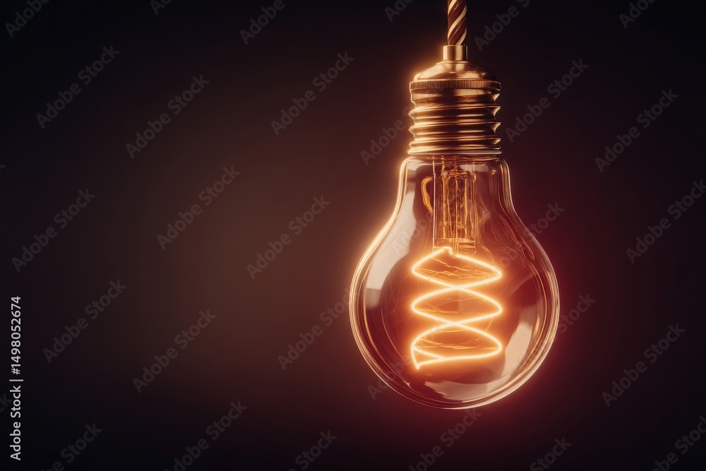 A vintage light bulb hangs against a dark background, with a glowing spiral filament creating an inviting and warm ambiance. The unique design emphasizes its retro aesthetic.