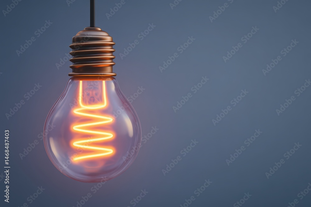 A vintage light bulb hangs against a smooth blue backdrop, showcasing a glowing spiral filament. The warm light creates an inviting atmosphere, highlighting the bulbs classic design.
