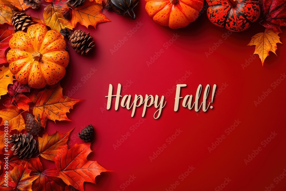 A vivid autumn display showcases pumpkins, colorful leaves, and pinecones arranged on a red background with a warm message. The festive decor captures the essence of fall celebrations.
