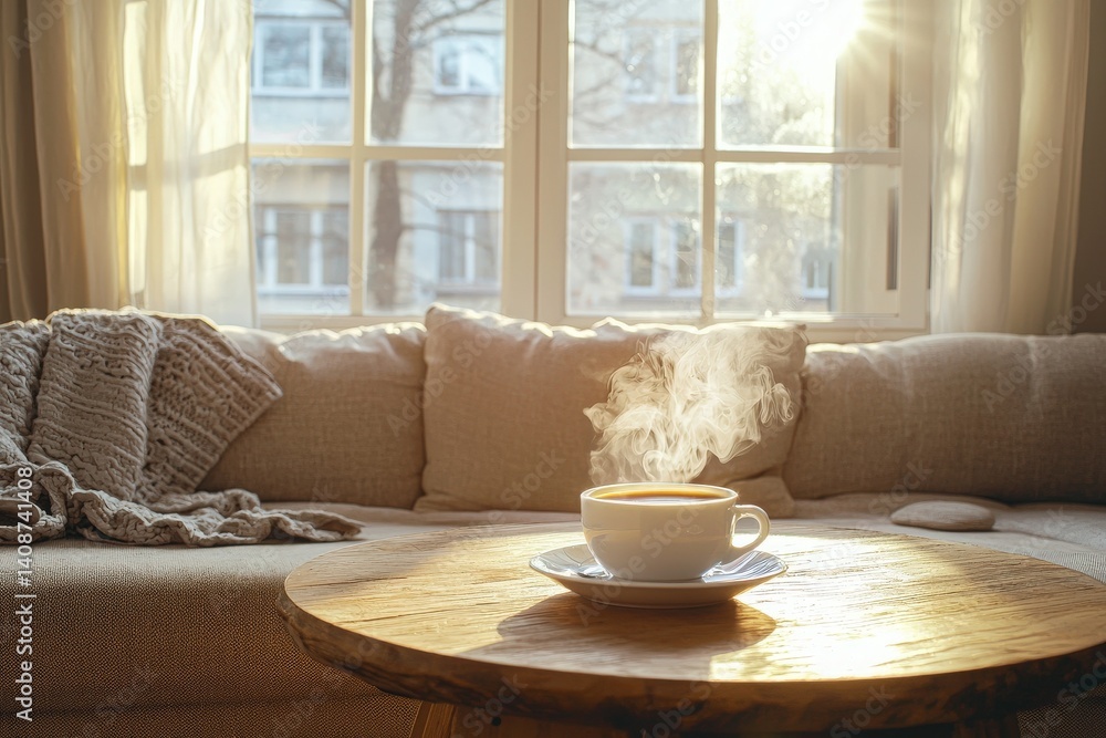 A warm cup of coffee sits on a wooden table beside a plush couch in a sunlit living space. Soft curtains filter sunlight, creating a serene and inviting atmosphere.