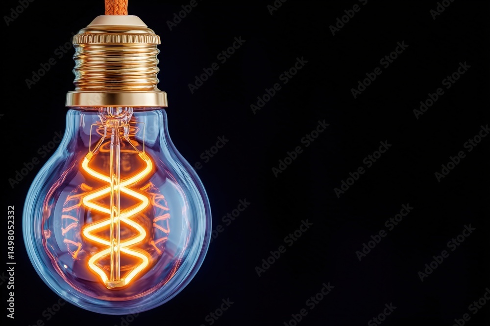 A warm, glowing vintage light bulb hangs against a black backdrop, showcasing its detailed filament design. The soft illumination adds a cozy touch to any space, emphasizing its retro charm.