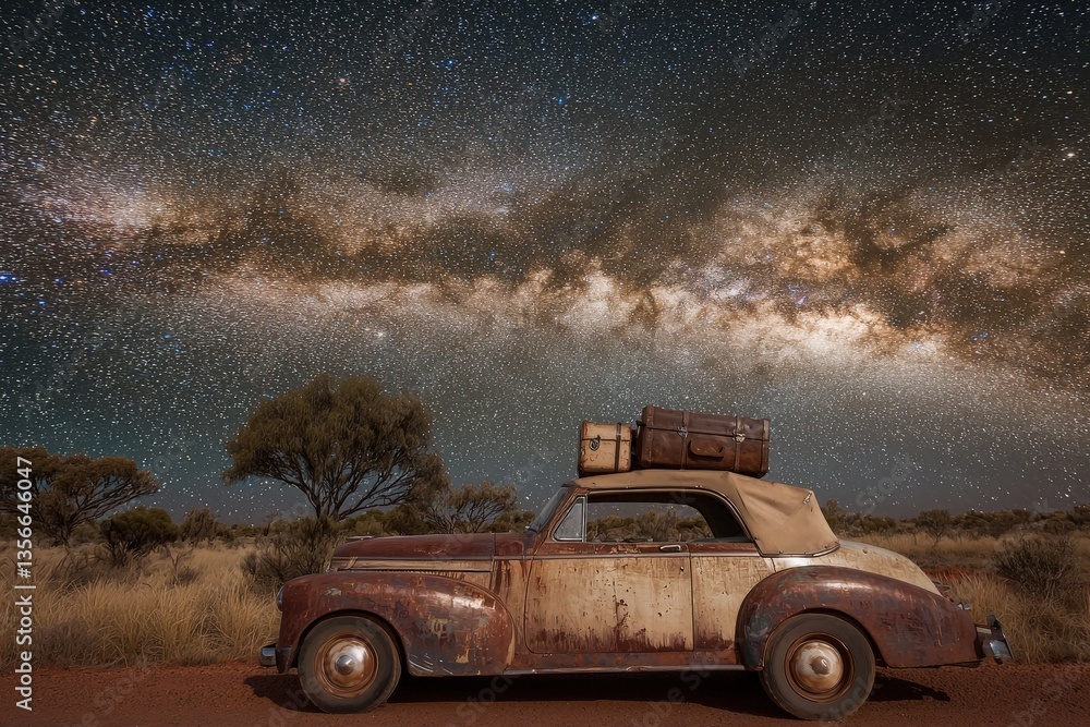 A weathered convertible rests quietly on a dirt road, adorned with an old suitcase on its roof. Above, a stunning view of the Milky Way illuminates the night sky.