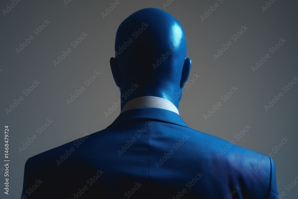 A well-dressed individual with a bald head is seen from behind, wearing a tailored dark suit. The focus is on the sleek silhouette against a softly lit, neutral backdrop.