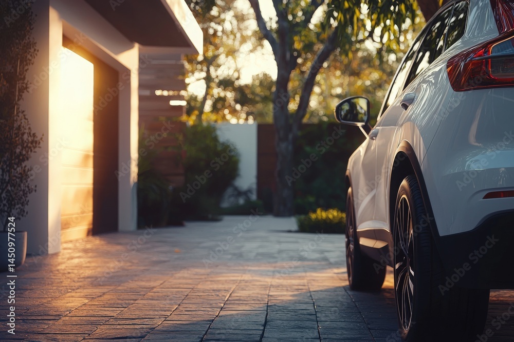 A white car is parked on a modern driveway surrounded by greenery. The sun sets in the background, casting warm light that enhances the tranquil atmosphere of the residential area.