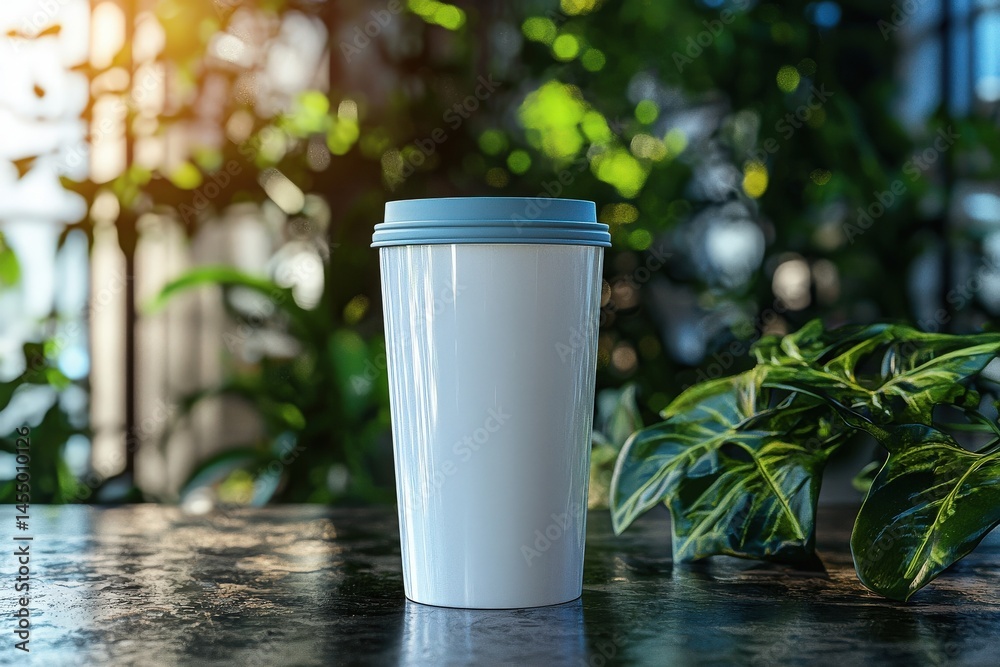 A white coffee cup with a blue lid is placed on a dark surface, surrounded by lush green plants. Soft sunlight filters through, creating a warm and inviting atmosphere.