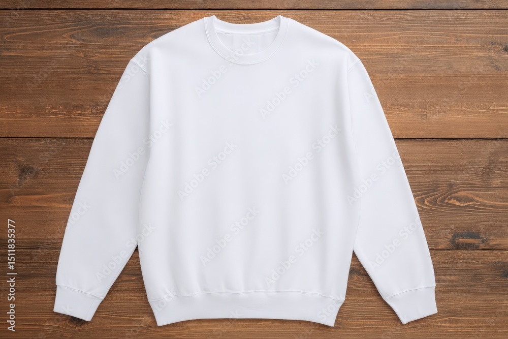 A white sweatshirt laid flat on a rustic wooden surface highlights its simple design and fabric texture. This setup is ideal for showcasing everyday apparel in a catalog or online store.