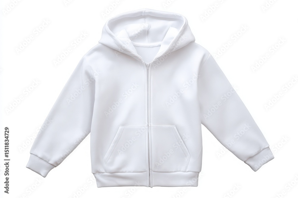 A white zippered hoodie is displayed against a plain background. The hoodie features a front zipper, pockets, and a hood, showcasing a simple yet versatile design perfect for casual wear.