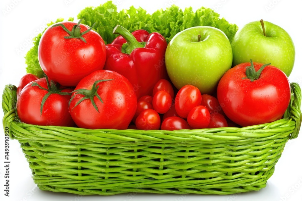 A wicker basket filled with vibrant, fresh fruits and vegetables. Bright red tomatoes, green apples, red bell peppers, and leafy lettuce create a healthy and appetizing arrangement.