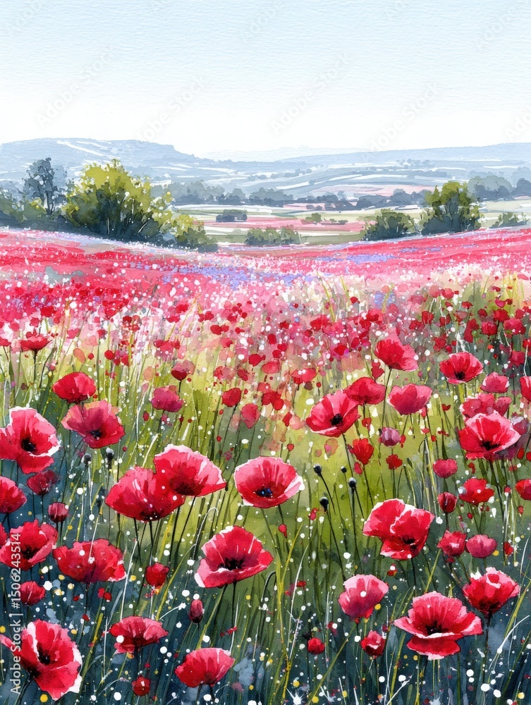 A wide expanse of red poppies sways gently in the breeze, framed by rolling hills under a bright blue sky. This beautiful landscape showcases natures vivid colors during early summer.