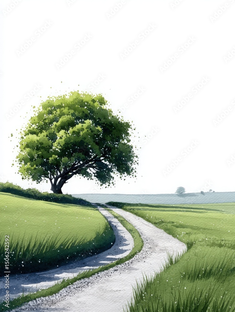 A winding dirt path leads through vibrant green fields under a clear sky, with a solitary tree providing shade. The landscape is tranquil and ideal for leisurely strolls or contemplation.