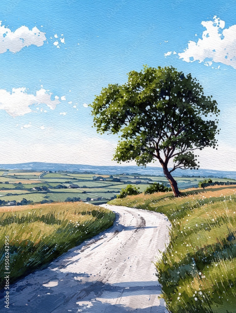 A winding dirt path stretches through lush green grass, with a solitary tree standing tall beside it. The sky is clear with fluffy clouds, creating a peaceful nature setting.
