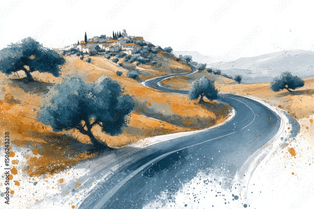 A winding road curves through golden hills adorned with scattered olive trees, leading to a quaint village perched atop a gentle rise.