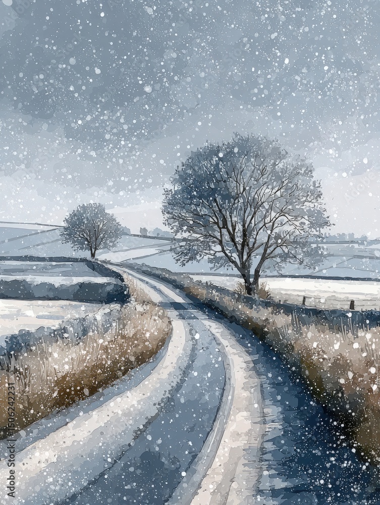 A winding road leads through a tranquil winter landscape, lined with bare trees and blanketed with fresh snow. Soft snowfall adds a serene atmosphere to the scene, capturing natures beauty.