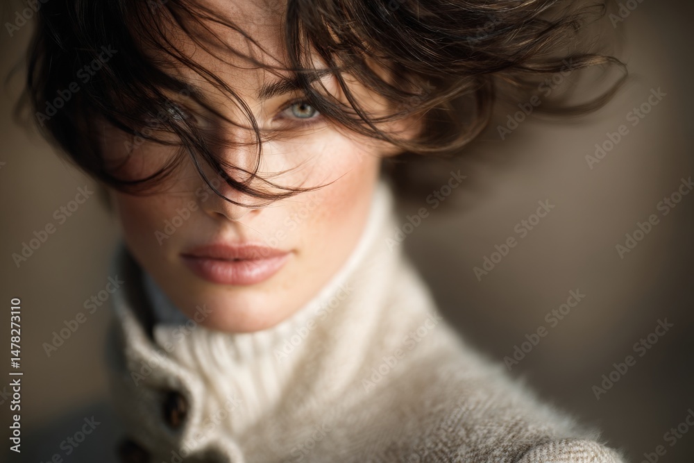 A woman gazes intently with flowing hair framing her face while wearing a soft sweater. The natural light highlights her features, creating a serene and intimate atmosphere.