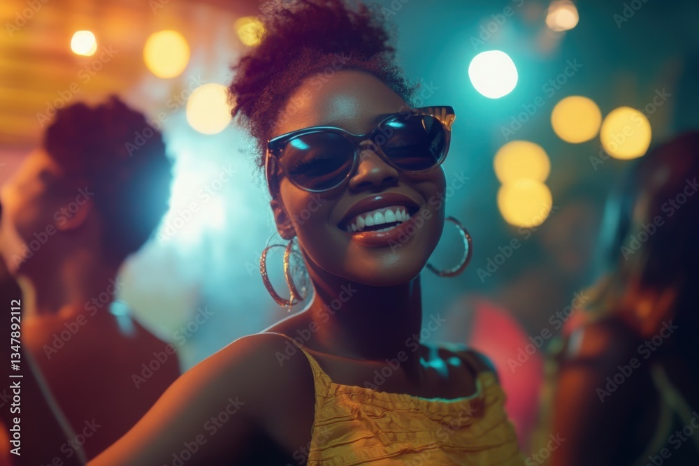 A woman with curly hair wearing sunglasses smiles brightly while dancing at a festive party. The setting has colorful lights creating an energetic and joyful ambiance, highlighting the fun atmosphere.
