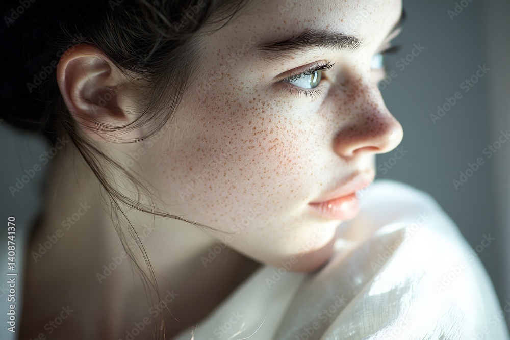 A woman with delicate freckles gazes thoughtfully to the side, her natural beauty enhanced by soft lighting. Her hair is gently styled, adding to the serene atmosphere.