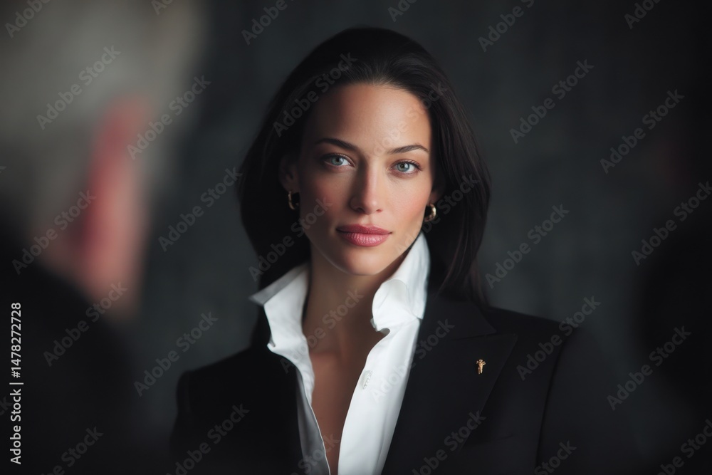 A woman with long dark hair, wearing a black suit and white shirt, is confidently conversing with someone. The lighting creates an elegant atmosphere during a formal gathering.