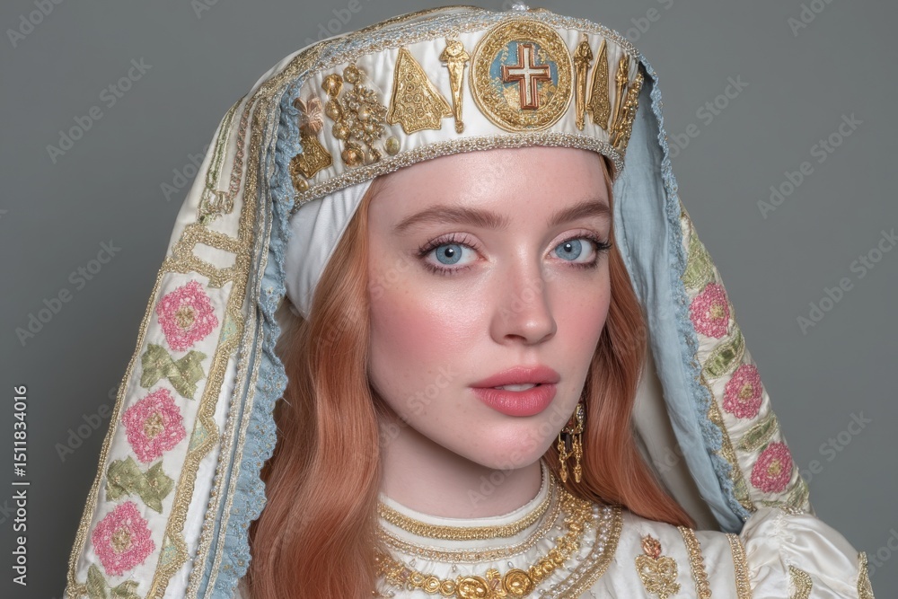 A woman with striking blue eyes wears an intricate headdress adorned with gold and floral patterns.