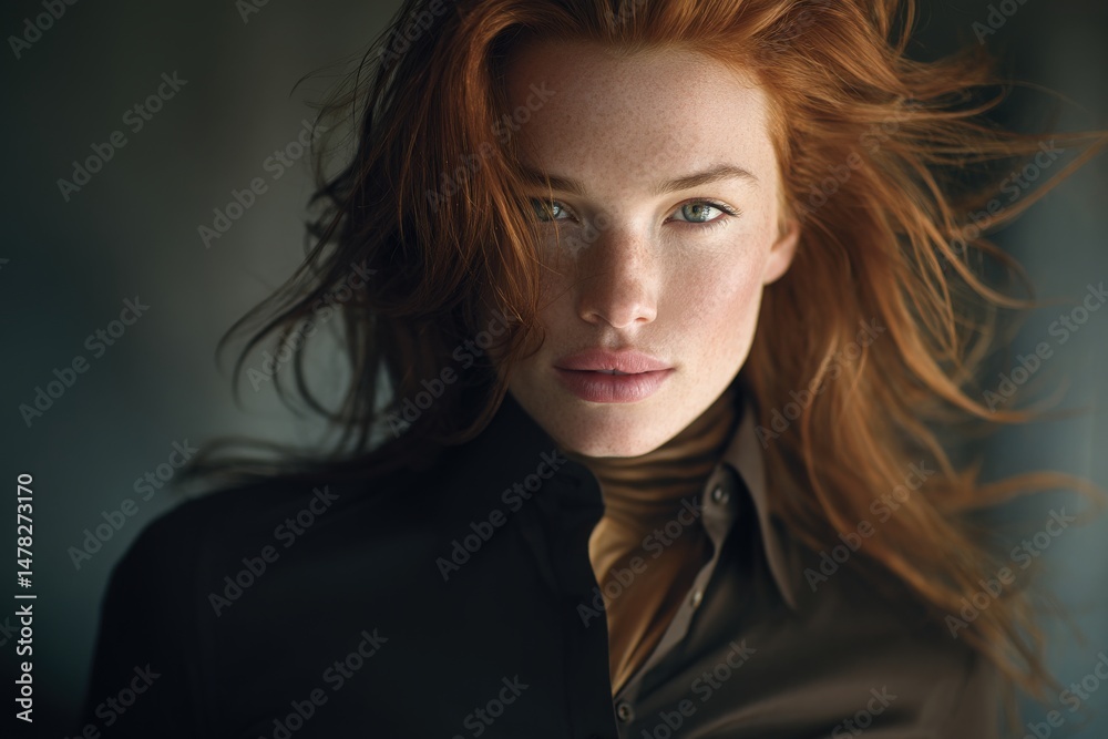 A woman with vibrant red hair and captivating green eyes gazes directly at the viewer. Her expression is confident, and the soft lighting enhances her features, emphasizing her natural beauty.