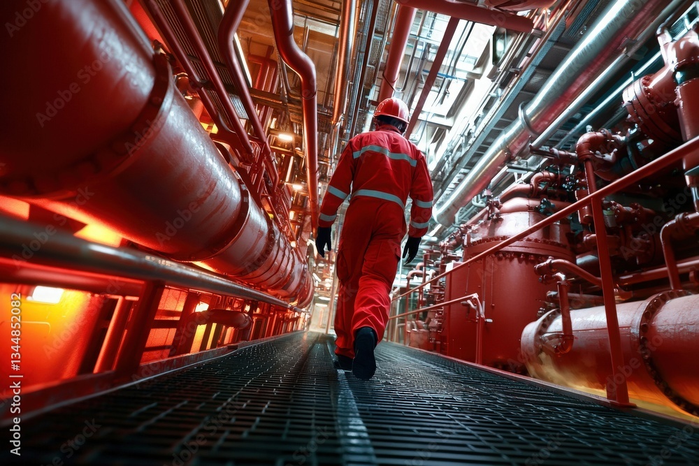 A worker in a bright orange jumpsuit walks through an industrial facility surrounded by large red pipes and machinery.