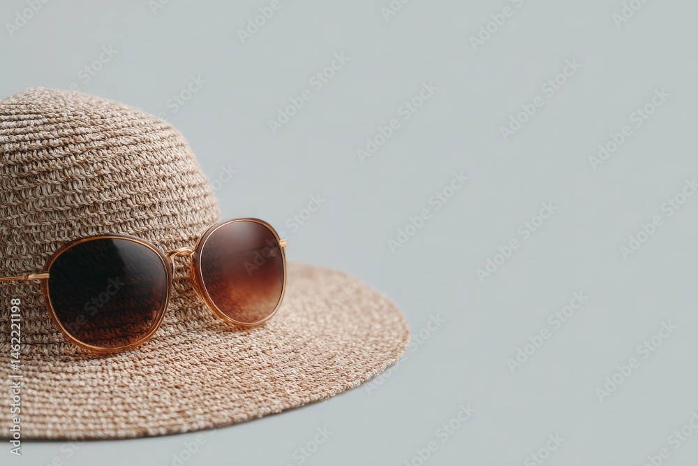 A woven straw hat is placed on a light blue background, showcasing a pair of round sunglasses that rest atop the hat, creating a chic summer accessory display.