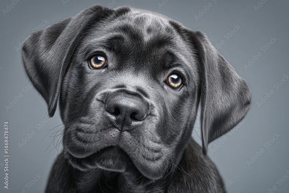 A young black puppy sits attentively, its round eyes conveying curiosity and innocence. The soft fur contrasts with the solid background, highlighting its features.