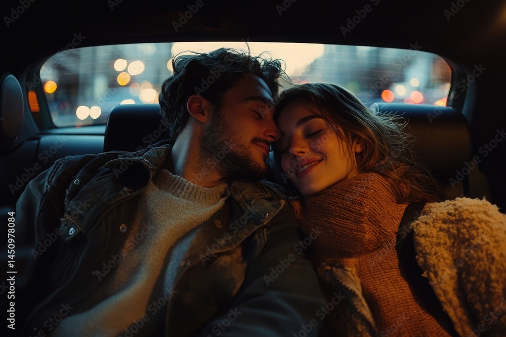 A young couple leans into each other while seated in a car, radiating warmth and intimacy. The evening glow from streetlights creates a romantic atmosphere as they share smiles.