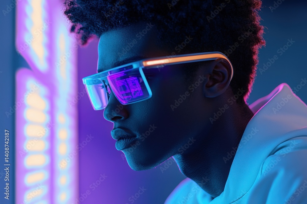 A young man gazes intently while wearing sleek, modern sunglasses. The vibrant neon lights illuminate his face, creating a futuristic ambiance. The setting emphasizes a tech-inspired atmosphere.