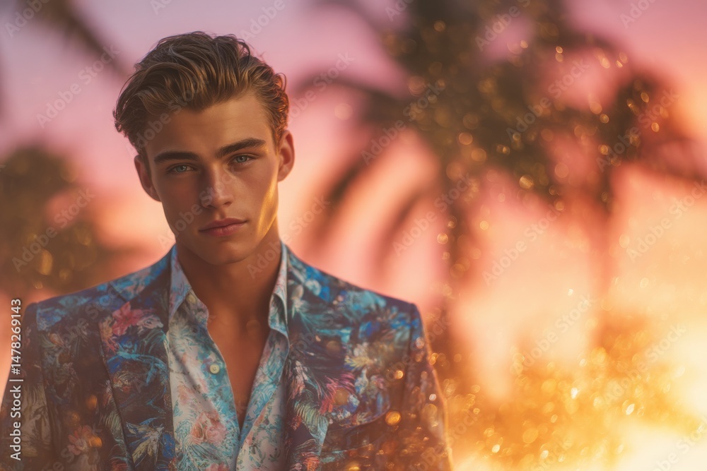 A young man stands confidently, wearing a colorful floral suit. The background features a striking sunset with warm hues and palm trees, creating a relaxed tropical atmosphere during dusk.