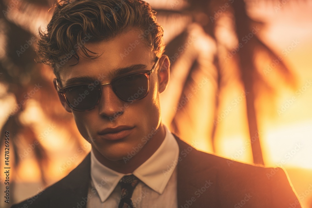 A young man stands with a serious expression, wearing sunglasses and a suit, as the sun sets behind palm trees. The vibrant colors of the sunset create a dramatic atmosphere.