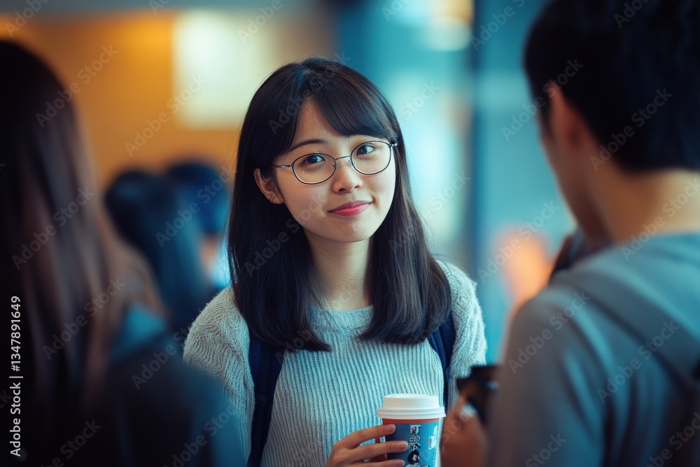 A young woman wearing glasses and a cozy sweater smiles while talking to a friend at a bustling cafe. The warm ambiance and soft lighting create an inviting atmosphere as others enjoy their drinks.