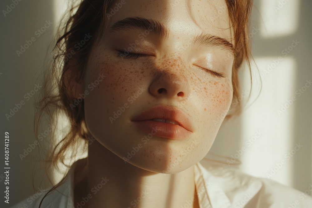 A young woman with striking freckles and a relaxed expression enjoys warm sunlight filtering through a window. Her peaceful demeanor captures a moment of tranquility and beauty.