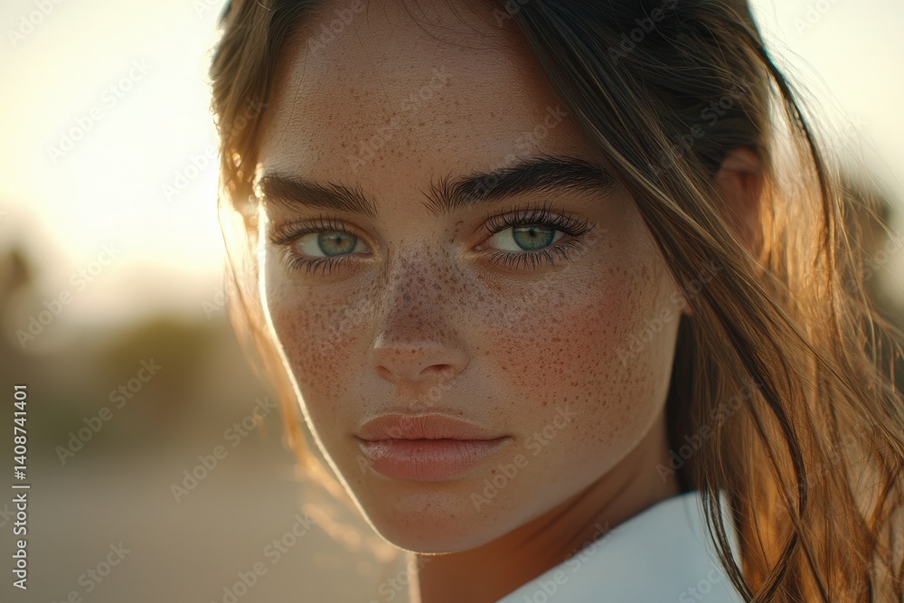 A young woman with striking green eyes and freckles gazes directly at the camera. The warm glow of sunset enhances her features, emphasizing her natural beauty.