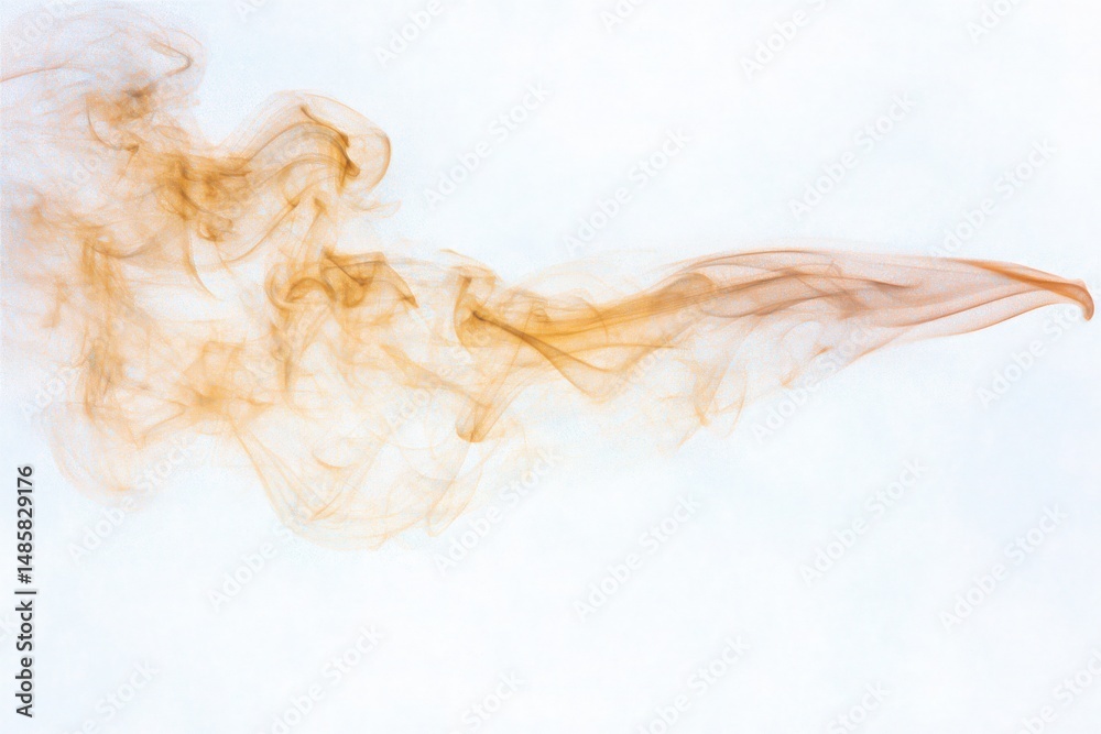 Amber smoke gracefully swirls across a bright background, forming abstract shapes and delicate trails. The ethereal quality and fluid motion evoke a sense of mystery and creativity.