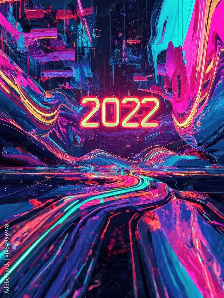 An abstract digital scene features vivid neon colors with flowing patterns representing a futuristic environment. The year 2022 is prominently displayed, enhancing the energetic atmosphere.