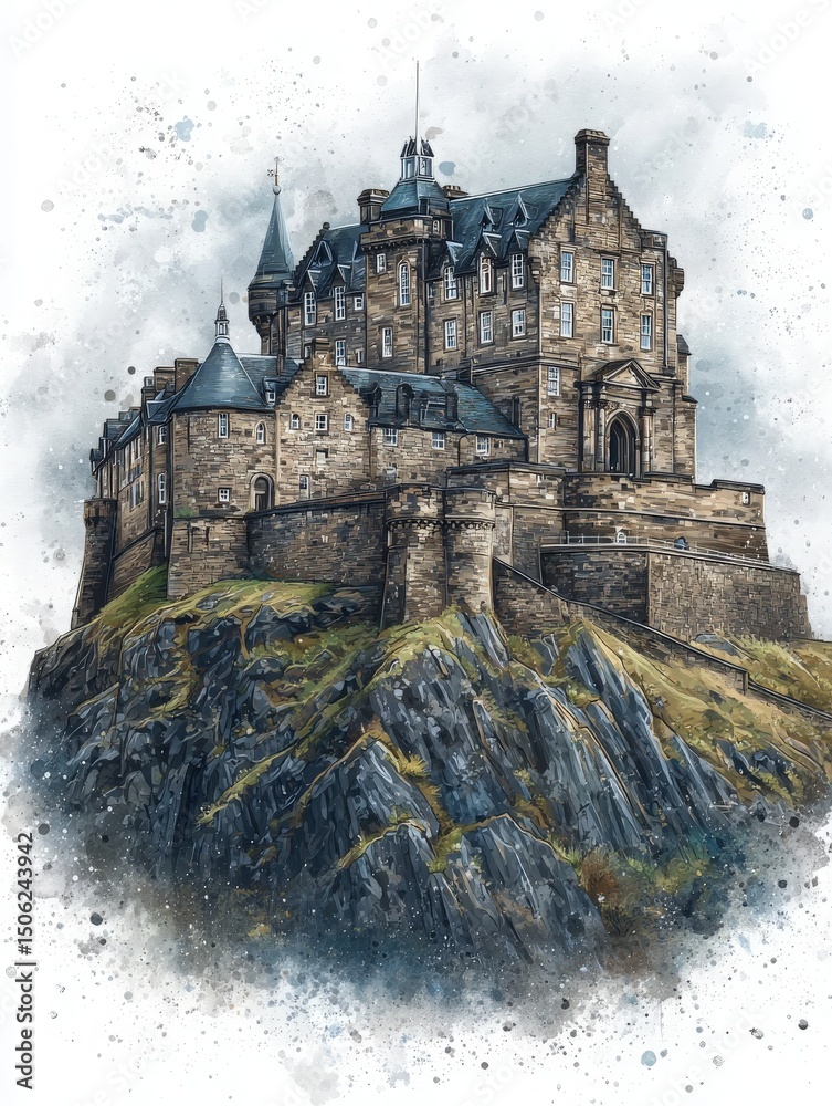 An ancient stone castle stands proudly atop a rugged hill. The architecture showcases intricate details, while clouds drift overhead, enhancing the dramatic atmosphere of the landscape.