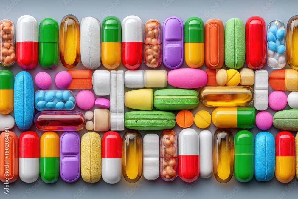 An assortment of various pills and capsules in different colors and shapes is neatly arranged on a flat surface, showcasing hues like red, blue, green, and yellow.
