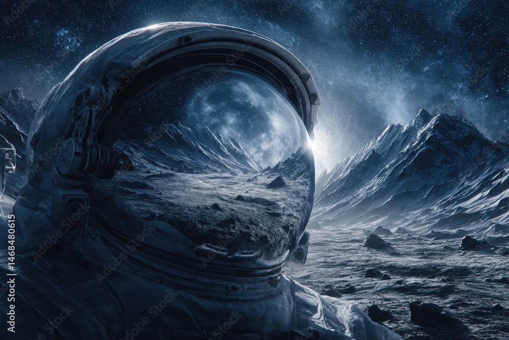 An astronaut stands on the lunar surface gazing at a breathtaking view. The mountains and celestial bodies create an awe-inspiring backdrop, showcasing the beauty of space exploration.