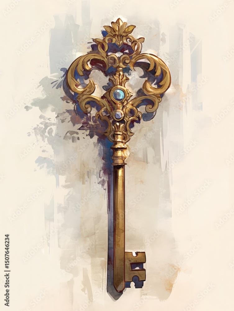 An elegant vintage key features ornate detailing with a floral pattern and embedded gemstones. Its design reflects fine craftsmanship, suitable for a historical or decorative context.