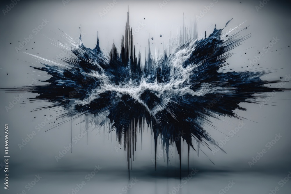 An engaging abstract piece features dramatic contrasts between black and white textures. Vivid lines and shapes evoke a sense of energy and movement, captivating viewers attention.