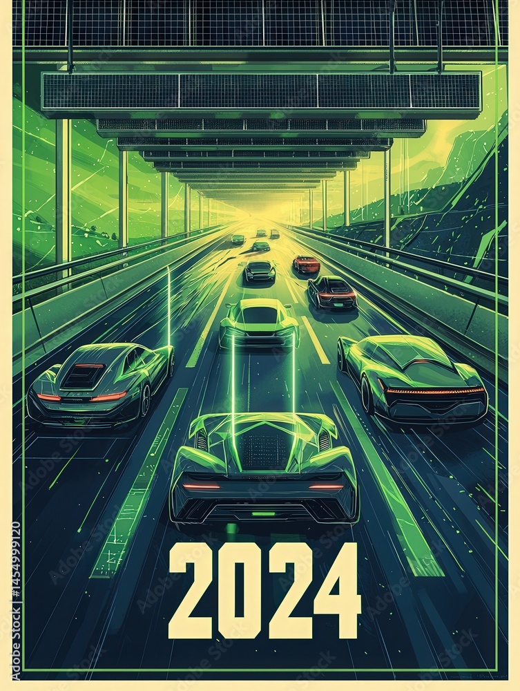 An exciting view of a highway filled with sleek electric cars racing towards a bright horizon, highlighting advanced technology and energy-efficient design in the year 2024.