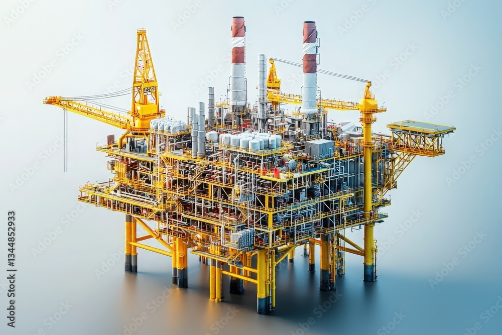 An expansive offshore oil rig stands prominently above the calm sea. The structure is adorned with numerous pipes, tanks, and industrial equipment.