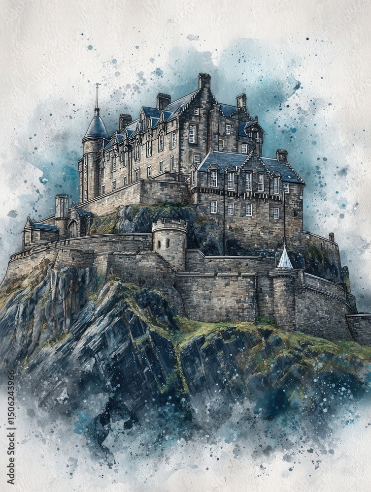 An impressive castle sits atop a rocky hill, showcasing its sturdy stone walls and intricate architecture. The sky is painted in soft blues, enhancing the grandeur of the landmark.